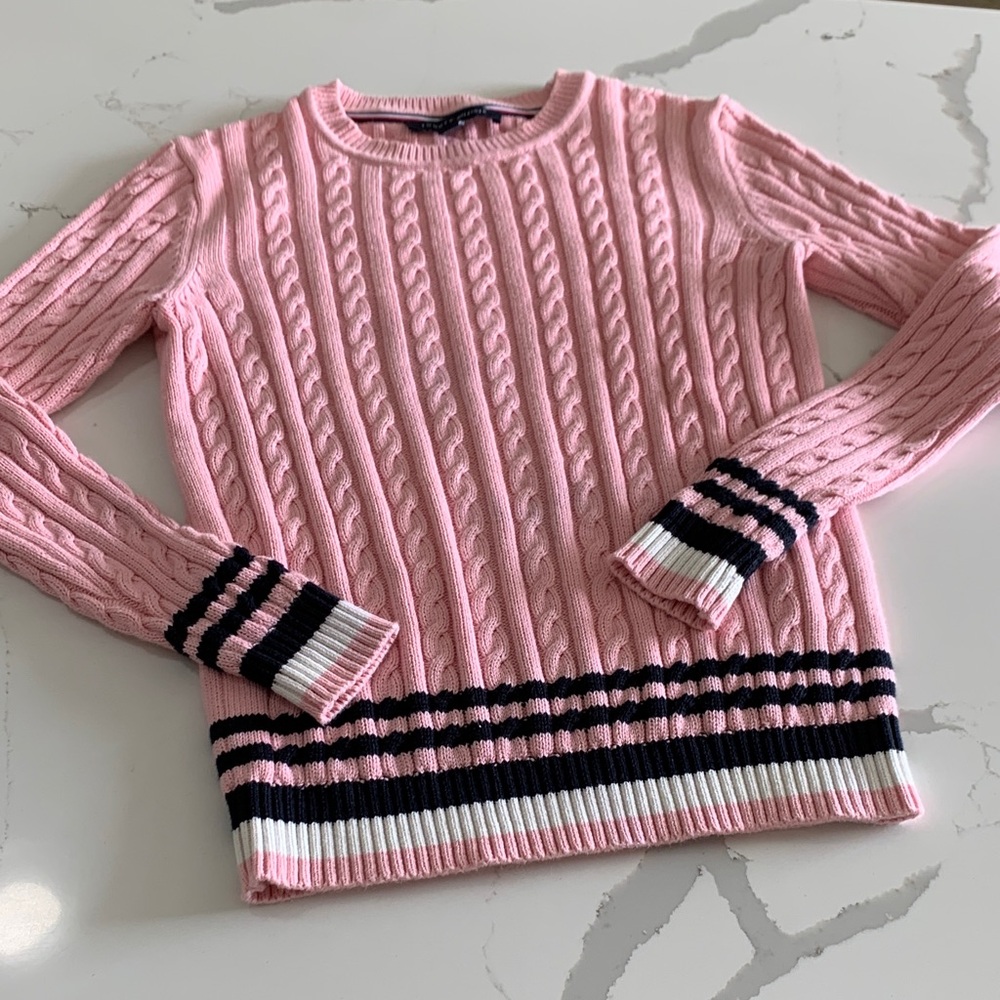 Tommy Hilfiger pink ribbed, long sleeve sweater, striped size extra small petite